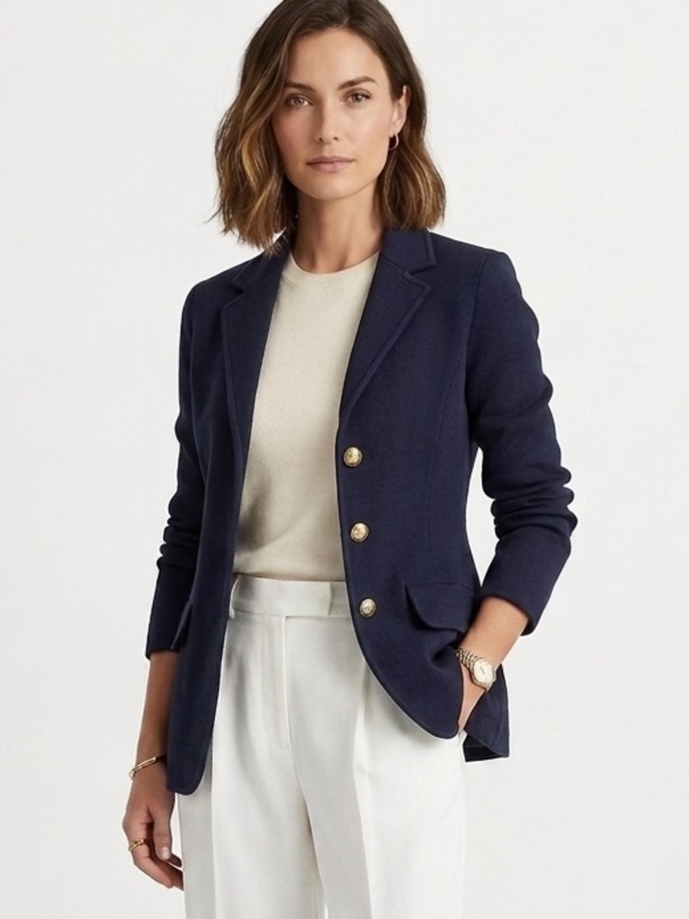 Lauren Ralph Lauren Navy Blue All Cotton Sweater Knit Blazer Gold Crest Button M